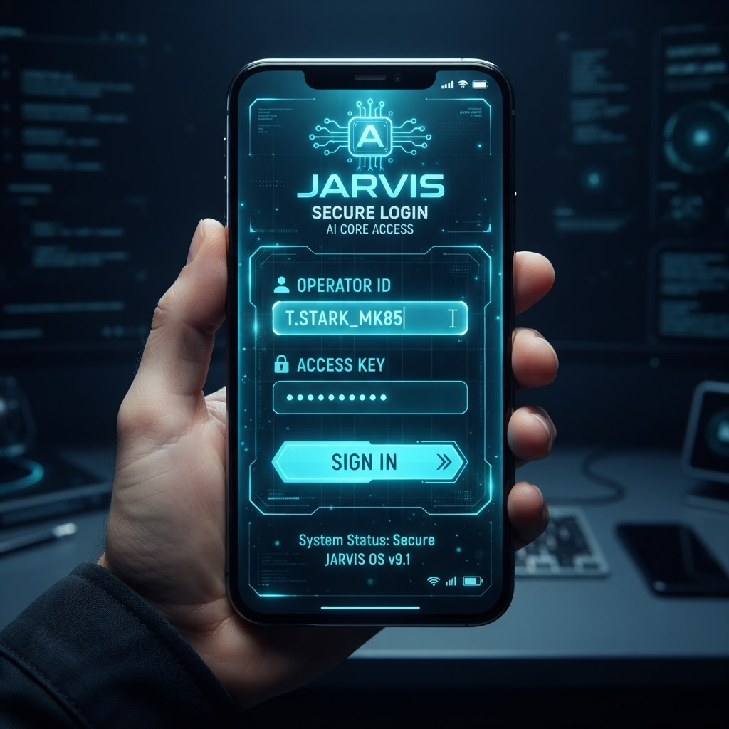 JARVIS secure login screen with operator ID and access key